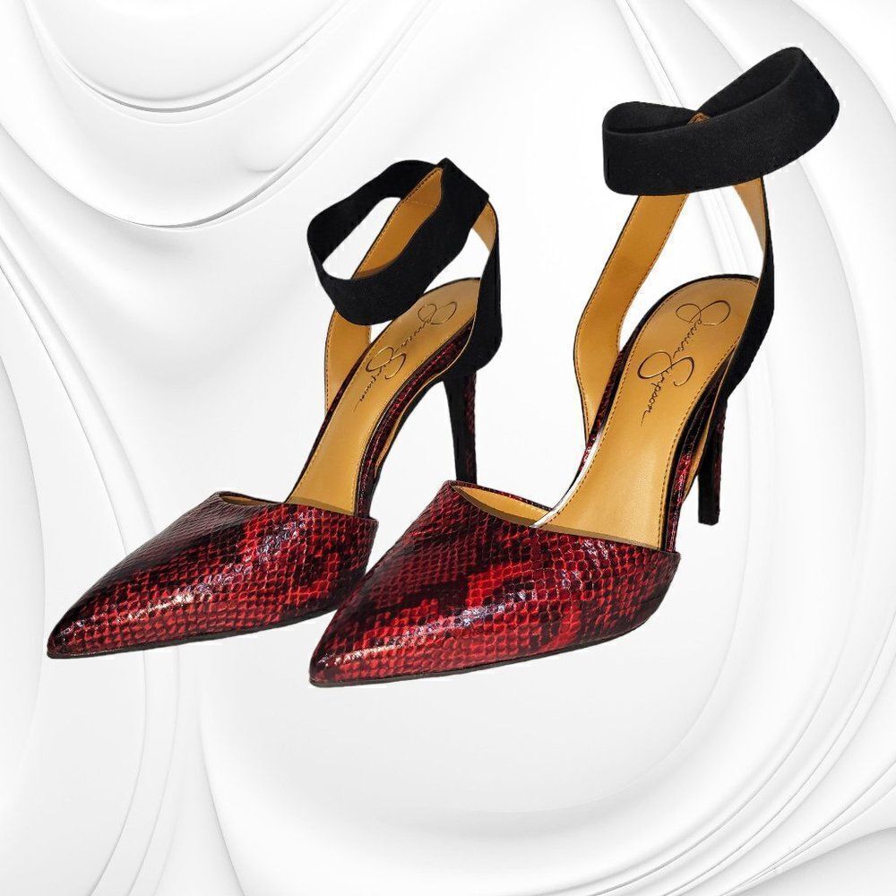 Jessica Simpson Perinna red snakeskin stilleto ankle straps heels